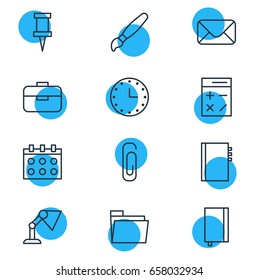 Vector Illustration Of 12 Stationery Icons. Editable Pack Of Calculate, Copybook, Watch And Other Elements.