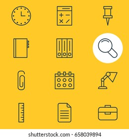 Vector Illustration Of 12 Stationery Icons. Editable Pack Of Calculate, Date, Pushpin And Other Elements.