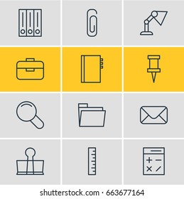 Vector Illustration Of 12 Stationery Icons. Editable Pack Of Dossier, Zoom, Calculate And Other Elements.