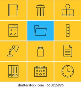 Vector Illustration Of 12 Stationery Icons. Editable Pack Of Folder, Textbook, Dossier And Other Elements.