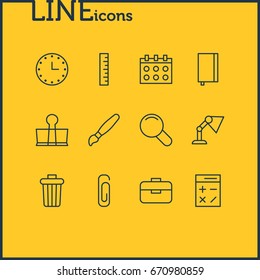 Vector Illustration Of 12 Stationery Icons. Editable Pack Of Zoom, Paint, Watch And Other Elements.