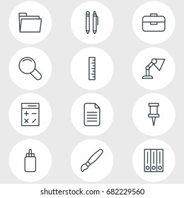 Vector Illustration Of 12 Stationery Icons. Editable Pack Of Folder, Zoom, Adhesive And Other Elements.