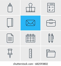 Vector Illustration Of 12 Stationery Icons. Editable Pack Of Pencil, Portfolio, Copybook And Other Elements.