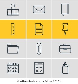 Vector Illustration Of 12 Stationery Icons. Editable Pack Of Paperclip, Copybook, Calculate And Other Elements.