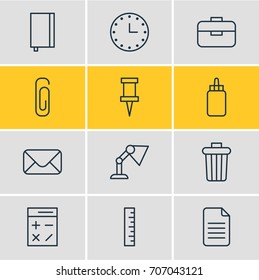 Vector Illustration Of 12 Stationery Icons. Editable Pack Of Illuminator, Letter, Watch And Other Elements.
