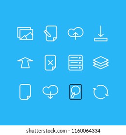 Vector illustration of 12 storage icons line style. Editable set of download, album, cloud and other icon elements.
