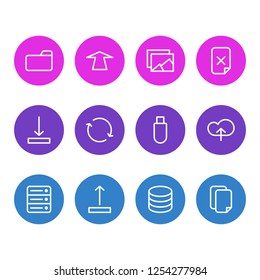 Vector illustration of 12 storage icons line style. Editable set of cloud, delete file, sync and other icon elements.
