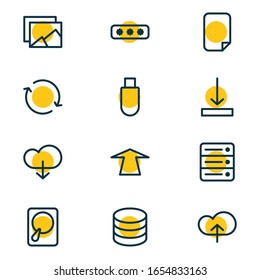 Vector illustration of 12 storage icons line style. Editable set of push, arrow down, cloud and other icon elements.