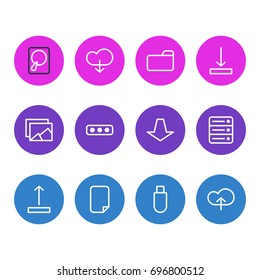 Vector Illustration Of 12 Storage Icons. Editable Pack Of Flash Drive, Hdd, Cloud And Other Elements.