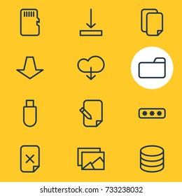 Vector Illustration Of 12 Storage Icons. Editable Pack Of Cloud, Dossier, Agreement And Other Elements.