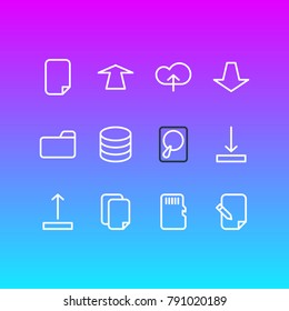 Vector illustration of 12 storage icons line style. Editable set of datacenter, download, dossier and other elements.