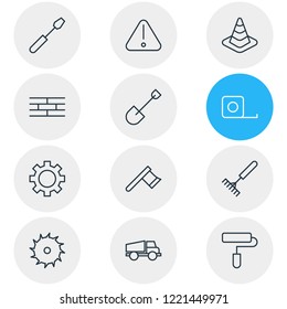 Vector illustration of 12 structure icons line style. Editable set of gear, shovel, saw and other icon elements.