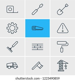 Vector illustration of 12 structure icons line style. Editable set of shovel, crane, axe and other icon elements.