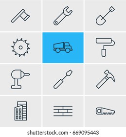Vector Illustration Of 12 Structure Icons. Editable Pack Of Spade, Electric Screwdriver, Hatchet And Other Elements.