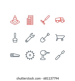 Vector Illustration Of 12 Structure Icons. Editable Pack Of Apartment, Harrow, Paintbrush And Other Elements.