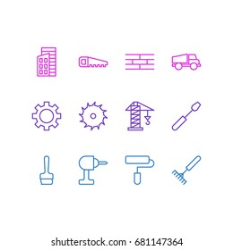 Vector Illustration Of 12 Structure Icons. Editable Pack Of Roller, Turn Screw, Lifting And Other Elements.