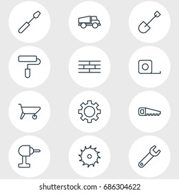 Vector Illustration Of 12 Structure Icons. Editable Pack Of Spade, Handcart, Hacksaw Elements.