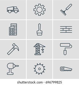 Vector Illustration Of 12 Structure Icons. Editable Pack Of Cogwheel, Electric Screwdriver, Handle Hit Elements.