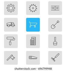 Vector Illustration Of 12 Structure Icons. Editable Pack Of Harrow, Barrier, Lorry And Other Elements.