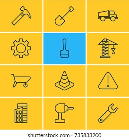 Vector Illustration Of 12 Structure Icons. Editable Pack Of Cogwheel, Electric Screwdriver, Lifting And Other Elements.