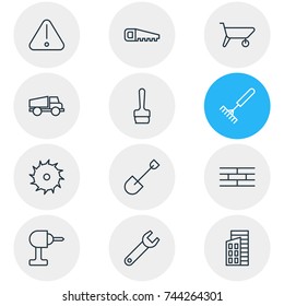 Vector Illustration Of 12 Structure Icons. Editable Pack Of Harrow, Paintbrush, Electric Screwdriver And Other Elements.