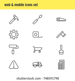 Vector Illustration Of 12 Structure Icons. Editable Pack Of Measure Tape, Apartment, Cogwheel And Other Elements.