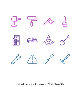 Vector Illustration Of 12 Structure Outline Icons. Editable Set Of Hatchet, Roller, Road Sign And Other Elements.
