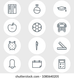 Vector illustration of 12 studies icons line style. Editable set of library, pen, calculator and other icon elements.