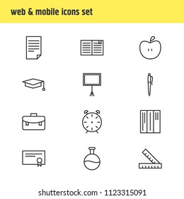 Vector illustration of 12 studies icons line style. Editable set of certificate, flask, graduation hat and other icon elements.