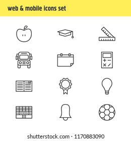 Vector illustration of 12 studies icons line style. Editable set of calendar, school bus, book and other icon elements.