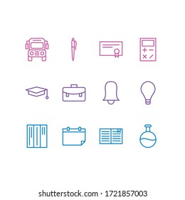 Vector illustration of 12 studies icons line style. Editable set of library, certificate, flask and other icon elements.