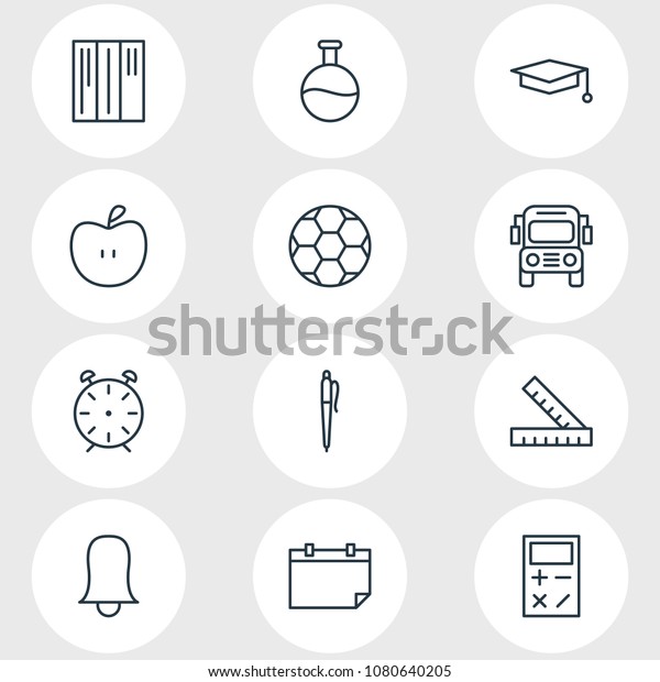 Vector\
illustration of 12 studies icons line style. Editable set of\
library, pen, calculator and other icon\
elements.