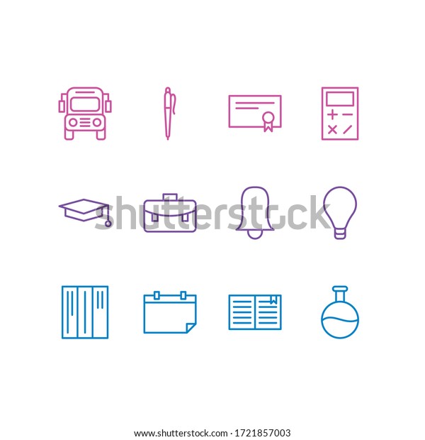 Vector illustration of 12 studies icons line\
style. Editable set of library, certificate, flask and other icon\
elements.