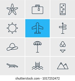 Vector illustration of 12 summer icons line style. Editable set of hat, beach bench, parasol and other icon elements.
