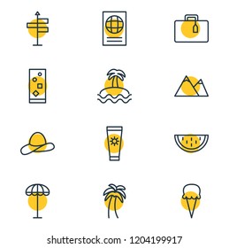 Vector illustration of 12 summer icons line style. Editable set of baggage, hat, navigation and other icon elements.