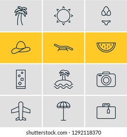 Vector illustration of 12 summer icons line style. Editable set of watermelon, plane, palm and other icon elements.