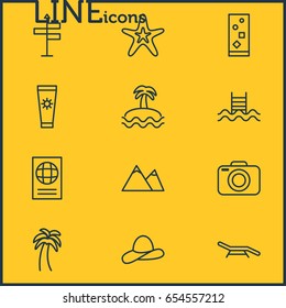 Vector Illustration Of 12 Summer Icons. Editable Pack Of Cocktail, Hill, Anti-Sun Cream And Other Elements.