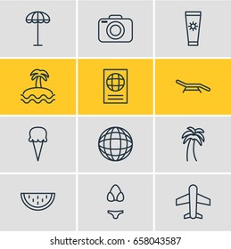 Vector Illustration Of 12 Summer Icons. Editable Pack Of Earth, Airplane, Palm And Other Elements.
