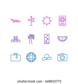Vector Illustration Of 12 Summer Icons. Editable Pack Of Sunny, Guide, Longue And Other Elements.
