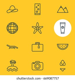 Vector Illustration Of 12 Summer Icons. Editable Pack Of Longue, Swimwear, Hill And Other Elements.