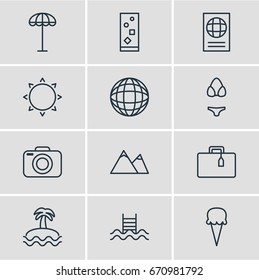 Vector Illustration Of 12 Summer Icons. Editable Pack Of Umbrella, Sorbet, Swimming And Other Elements.