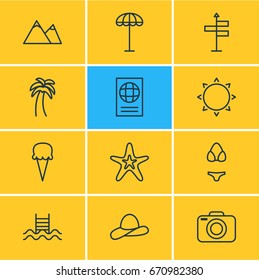 Vector Illustration Of 12 Summer Icons. Editable Pack Of Sorbet, Sunny, Guide And Other Elements.