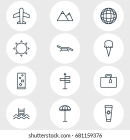 Vector Illustration Of 12 Summer Icons. Editable Pack Of Umbrella, Longue, Guide And Other Elements.