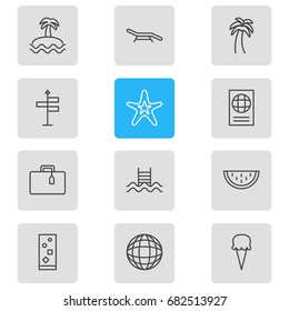 Vector Illustration Of 12 Summer Icons. Editable Pack Of Suitcase , Guide , Island Elements.