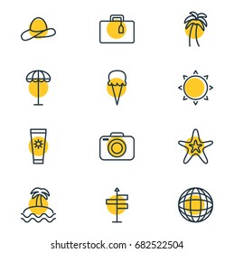 Vector Illustration Of 12 Summer Icons. Editable Pack Of Island , Photo Apparatus, Sunny Elements.