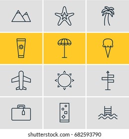 Vector Illustration Of 12 Summer Icons. Editable Pack Of Anti-Sun Cream, Guide, Airplane And Other Elements.