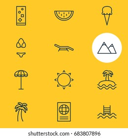Vector Illustration Of 12 Summer Icons. Editable Pack Of Palm, Cocktail, Umbrella And Other Elements.