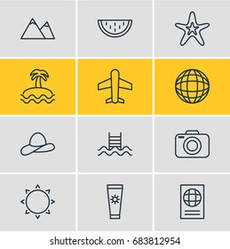 Vector Illustration Of 12 Summer Icons. Editable Pack Of Certificate, Hill, Melon And Other Elements.
