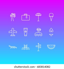 Vector Illustration Of 12 Summer Icons. Editable Pack Of Palm, Suitcase, Longue And Other Elements.