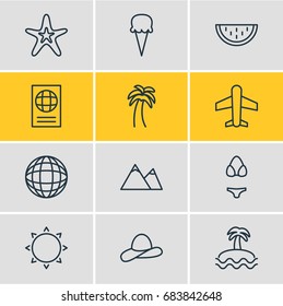 Vector Illustration Of 12 Summer Icons. Editable Pack Of Melon , Island , Fish Elements.